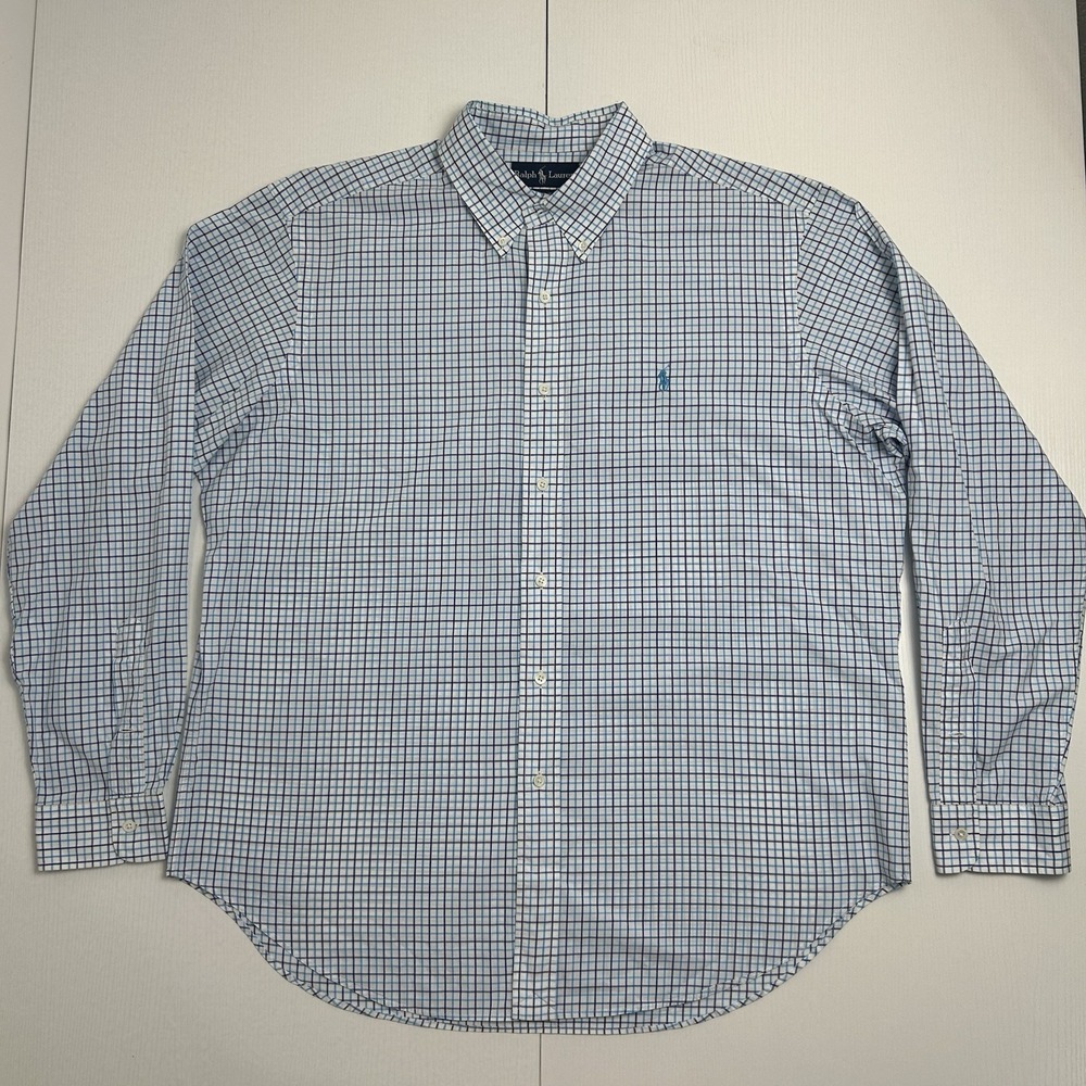 Polo Ralph Lauren Men's XL Plaid Blue White Dress Shirt Classic Fit Stretch VTG
